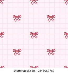 Seamless pattern of small cute bow knots on checkered pink background. Backdrop with coquette pretty charming bow. Vintage hand drawn illustration