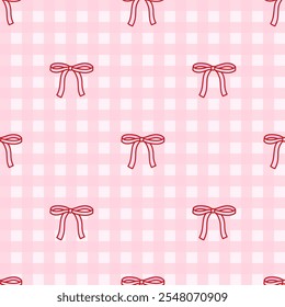 Seamless pattern of small cute bow knots on pink gingham check. Backdrop with coquette pretty charming bow. Vintage illustration. Design for fabric, wallpaper, background