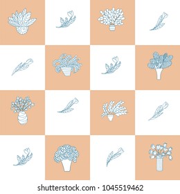 Seamless pattern with small cute cartoon plants and flowers in pots and tulips. Checkered orange and white background. Good for pattern fills, surface design, textile, fabric, manufacturing, wrapping 