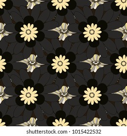 Seamless pattern in small cute flowers of lovely abstract elements in beige, gray, black flowers. Vector floral art for textile, wallpaper, pattern fills, covers, surface, print, gift wrap, decoupage.