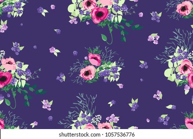 Seamless pattern in small cute flowers of poppy. Liberty style millefleurs. Shabby chic. Floral background for textile, wallpaper, covers, surface, print, wrap, scrapbooking, decoupage.