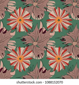 Seamless pattern in small cute flowers of lovely abstract elements in brown, green and pink flowers. Vector floral art for textile, wallpaper, pattern fills, covers, surface, print, gift wrap.