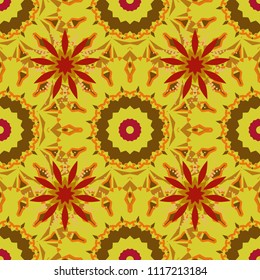 Seamless pattern in small cute flowers of lovely abstract elements in brown, orange and yellow flowers. Vector floral art for textile, wallpaper, pattern fills, covers, surface, print, gift wrap.