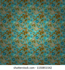 Seamless pattern in small cute flowers of lovely abstract elements in green, blue and brown flowers. Vector floral art for textile, wallpaper, pattern fills, covers, surface, print, gift wrap.