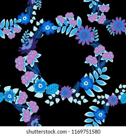 Seamless pattern in small cute flowers of lovely abstract elements in black, blue and purple flowers. Vector floral art for textile, wallpaper, pattern fills, covers, surface, print, gift wrap.