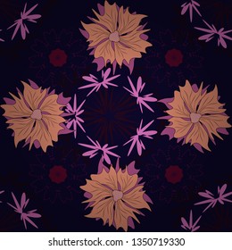 Seamless pattern in small cute flowers of lovely abstract elements in orange, violet and black flowers. Vector floral art for textile, wallpaper, pattern fills, covers, surface, print, gift wrap.