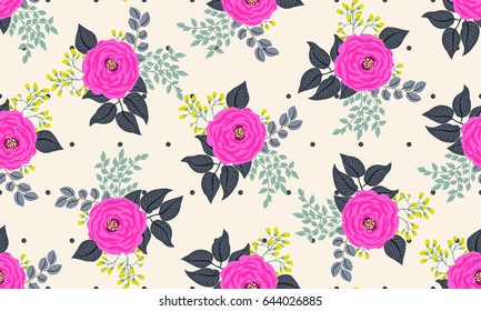 Seamless pattern in small cute flowers of antique roses and branches. Millefleurs. Floral background for textile, wallpaper, pattern fills, covers, surface, print, gift wrap, scrapbooking, decoupage.