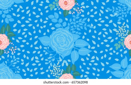 Seamless pattern in small cute flowers of antique roses and branches.Millefleurs. Floral background for textile, wallpaper, pattern fills, covers, surface, print, gift wrap, scrapbooking, decoupage.