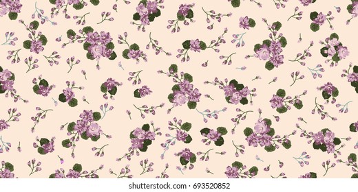 Seamless pattern in small cute flowers of violet. Chabby chic millefleurs. Liberty style. Floral background for textile, wallpaper, covers, surface, print, gift wrap, scrapbooking, decoupage.