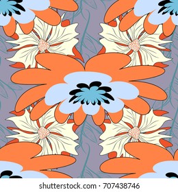 Seamless pattern in small cute flowers of lovely abstract elements in violet, orange and blue flowers. Vector floral art for textile, wallpaper, pattern fills, covers, surface, print, gift wrap.