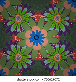 Seamless pattern in small cute flowers of lovely abstract elements in purple, blue and green flowers. Vector floral art for textile, wallpaper, pattern fills, covers, surface, print, gift wrap.
