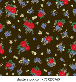 Seamless pattern in small cute flowers of antique roses and branches. Chabby chic millefleurs. Floral background for textile, wallpaper, pattern fills, covers, surface, print, gift wrap, scrapbooking,