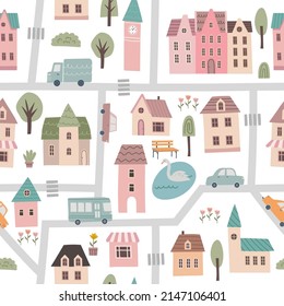 Seamless Pattern With Small Cute Town Map. Houses, Trees, Animals, Cars, Roads Vector Illustration. Cartoon Buildings Collection. Hand Draw Style. City Elements On White Background. Flat Design. 