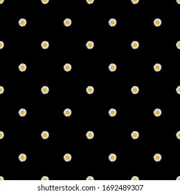 Seamless pattern with small daisies on a black background. Vector texture in black, white and yellow colors.
Print for textiles, fabrics, backgrounds, accessories, wrapping paper, wallpaper.