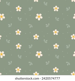 Seamless pattern, small daisies and scattered leaves on a green background, Background, print, textile, wallpaper, vector