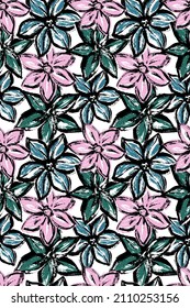 Patrón sin foco. Pequeñas flores de margarita en rosa y verde. Flores estilizadas en textura.