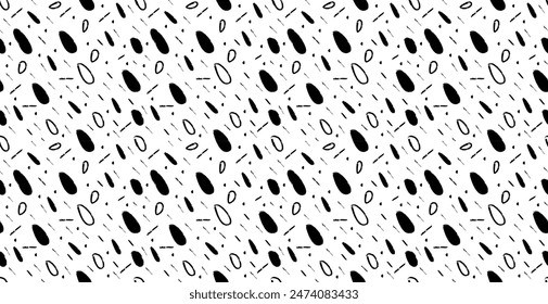Seamless pattern with small dashes and dots. Hand drawn repeat black elements, lines and mini circles on white background. Minimalist noise texture with geometric scattered sprinkles and short hatches