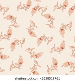 Seamless pattern with small decorative floral motifs on beige background in vintage vector style. Perfect for textiles wallpapers and stationery.