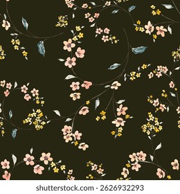 A seamless pattern of small, delicate flowers and leaves in pastel shades of pink, peach, and yellow, against a dark olive green or black background. The flowers are a variety of shapes.