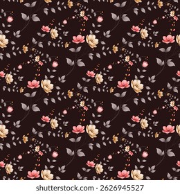 A seamless pattern of small, delicate flowers and leaves. The flowers are depicted in shades of pale pink, cream, and light yellow, with darker pink and beige accents. The leaves are a muted gray.