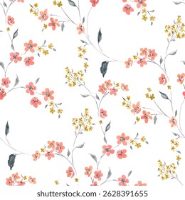 A seamless pattern of small, delicate flowers and leaves. The flowers are a soft, peachy coral pink, with muted, light yellow gold smaller flowers clustered around them.