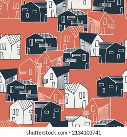 Patrón sin inconvenientes con casas unifamiliares unifamiliares pequeñas sobre fondo rojo para el diseño de superficies y otros proyectos de diseño
