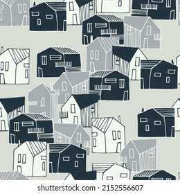 Seamless pattern with small detached, single-family houses on gray background for surface design and other design projects