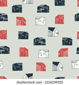 Seamless pattern with small detached, single-family houses on gray background for surface design and other design projects