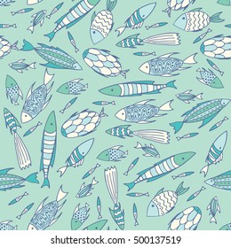 Seamless pattern with small different fishes in a chaotic manner on soft blue background. Handmade cartoon style. Vector illustration