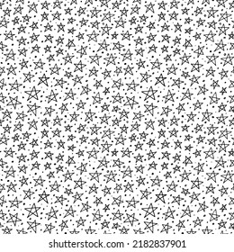 Seamless pattern with small doodle stars. Monochrome abstract vector texture with scattered stars and tiny dots. Seamless pattern for holidays, Christmas or Birthday. Cute cosmos ornament.