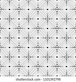 Seamless pattern small of dots and hearts-vector illustration. White background, black hearts.
