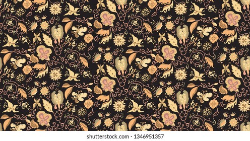 Seamless pattern, small ethnic indian flowers. Trend fashion textile surface print for interior decor, womenswear, cover, gifts.