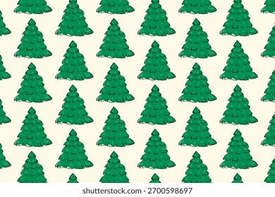 Seamless pattern of small evergreen trees arranged organically. Ideal for wrapping paper, textile print, product packaging, stationery, branding and holiday surface design.