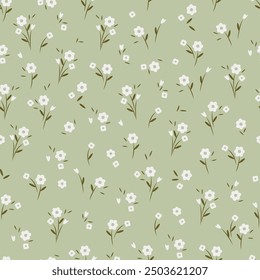 Patrón sin fisuras de flores blancas simples de campo Pequeño y ramos sobre un fondo de oliva verde. Diseño de moda para la tela de algodón, Fondo de pantalla, materia textil casera.