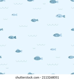 Seamless pattern with small fishes on blue background. Underwater life. Hand drawn doodle sea animals and ocean waves. Vector illustrator.