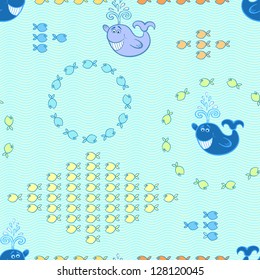 Seamless pattern with small fishes and whales