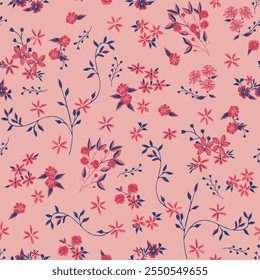 Seamless pattern, small floral, cute daisy flowers and pansies. Pink, endless, all over print to use textile, fabric, clothing, background, wedding, wallpaper vector artwork