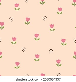 Seamless pattern small flower background randomly placed on pink background hand drawn design in cartoon style Used for prints, wallpapers, fabrics, textiles Vector illustration.