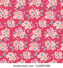 Seamless pattern with small flower bouquets on a pink background. Romantic floral pattern with hand-drawn liberty flowers, leaves. Vector illustration.