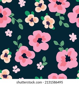 Seamless pattern with small flower bouquets on a dark field. Delicate spring print with watercolor pink flowers, leaves. Romantic floral background, cute botanical surface in retro style. Vector.