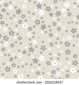 Seamless pattern small flower graphic vector on beige background vintage style in white with grey flowers.
