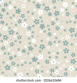Seamless pattern small flower graphic vector on beige background vintage style in white with green flowers.