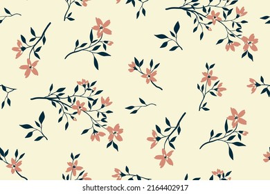 Seamless pattern with small flowering branches on a white background. Romantic floral print, elegant surface design with hand drawn plants, flowers and leaves on twigs. Vector illustration.