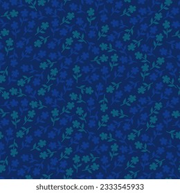 Seamless pattern of small flowers. Blue and green flower's silhouette on navy background. Floral print