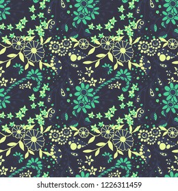 Seamless Pattern with Small Flowers in Country Style. Autumn Floral Texture with Hand Drawn Doodle Blossoms, Leaves and Buds. Small Natural Rapport for Chintz, Linen, Textile. Vector Zentangle.