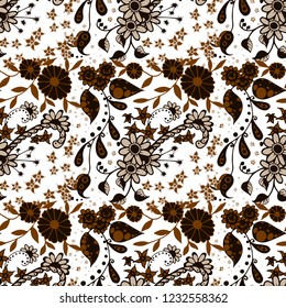 Seamless Pattern with Small Flowers in Country Style. Summer Floral Texture with Hand Drawn Doodle Blossoms, Leaves and Buds. Small Natural Rapport for Fabric, Linen, Textile. Vector Zentangle.