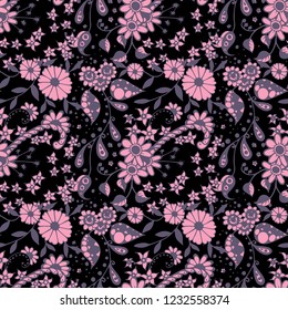 Seamless Pattern with Small Flowers in Country Style. Spring Floral Texture with Hand Drawn Doodle Blossoms, Leaves and Buds. Small Natural Rapport for Print, Cotton, Calico. Vector Zentangle.