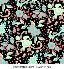 Seamless Pattern with Small Flowers in Country Style. Autumn Floral Texture with Hand Drawn Doodle Blossoms, Leaves and Buds. Small Natural Rapport for Print, Cotton, Calico. Vector Zentangle.