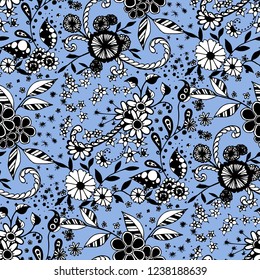 Seamless Pattern with Small Flowers in Country Style. Autumn Floral Texture with Hand Drawn Doodle Blossoms, Leaves and Buds. Small Natural Rapport for Chintz, Linen, Calico. Vector Zentangle.