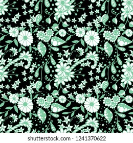 Seamless Pattern with Small Flowers in Country Style. Spring Floral Texture with Hand Drawn Doodle Blossoms, Leaves and Buds. Small Natural Rapport for Chintz, Cotton, Calico. Vector Zentangle.